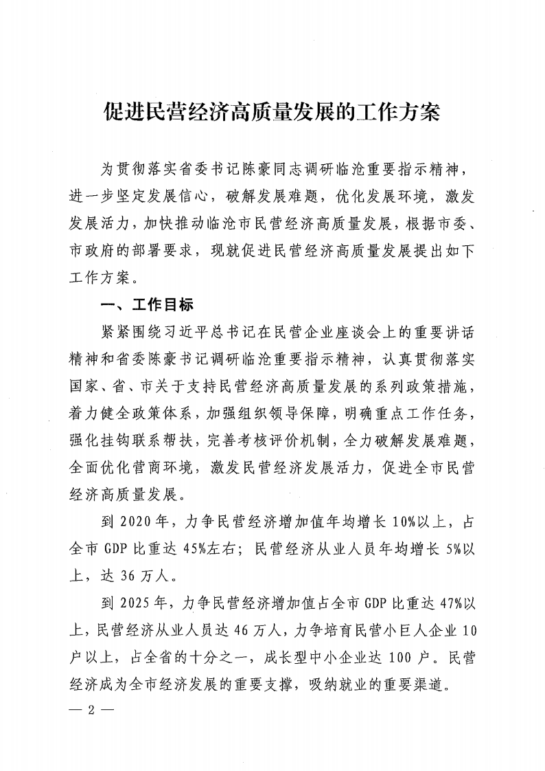 中共临沧市委办公室 临沧市人民政府办公室关于印发《促进民营经济高质量发展的工作方案》的通知 第2页