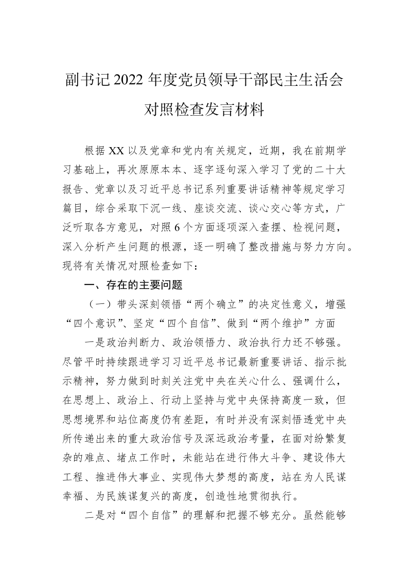 副书记2022年度党员领导干部民主生活会对照检查发言材料1 第1页