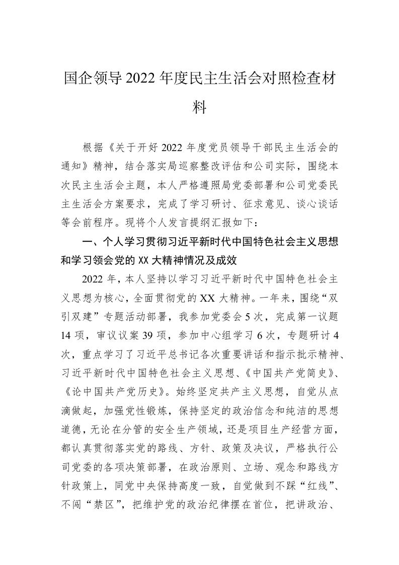 国企领导2022年度民主生活会对照检查材料 第1页