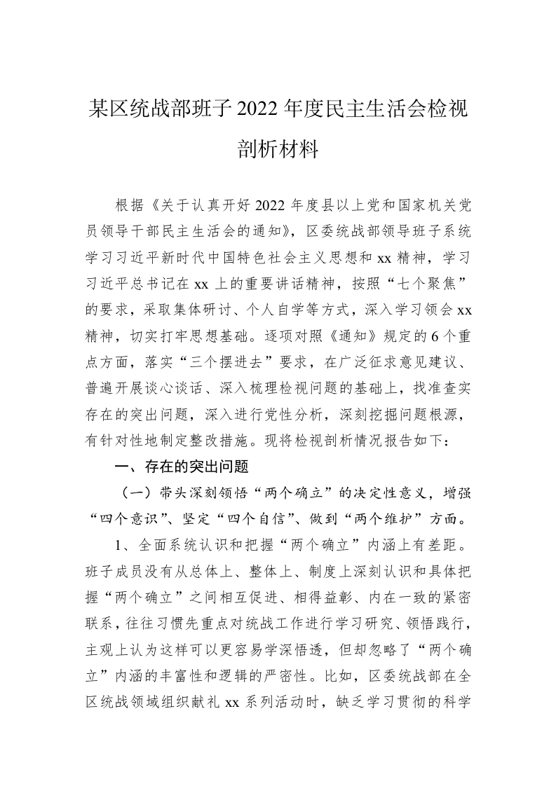 某区统战部班子2022年度民主生活会检视剖析材料 第1页