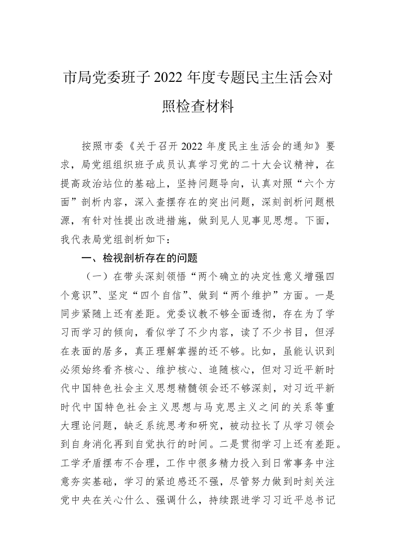 市局党委班子2022年度专题民主生活会对照检查材料 第1页