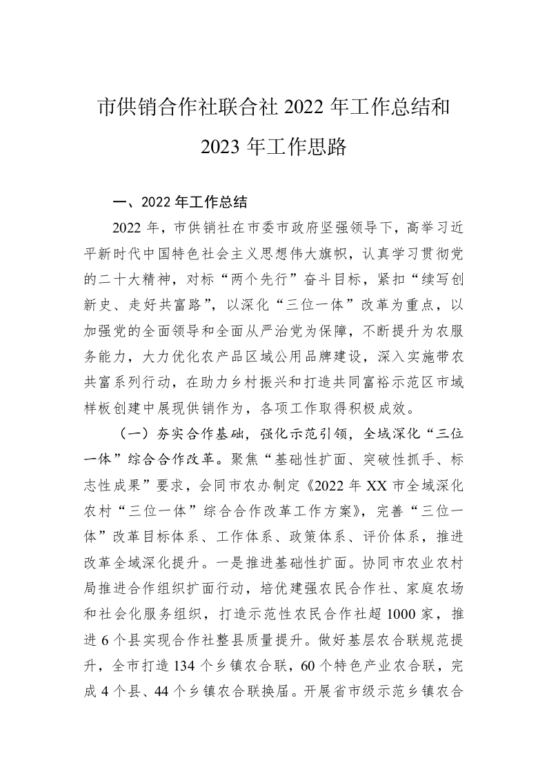 市供销合作社联合社2022年工作总结和2023年工作思路 第1页
