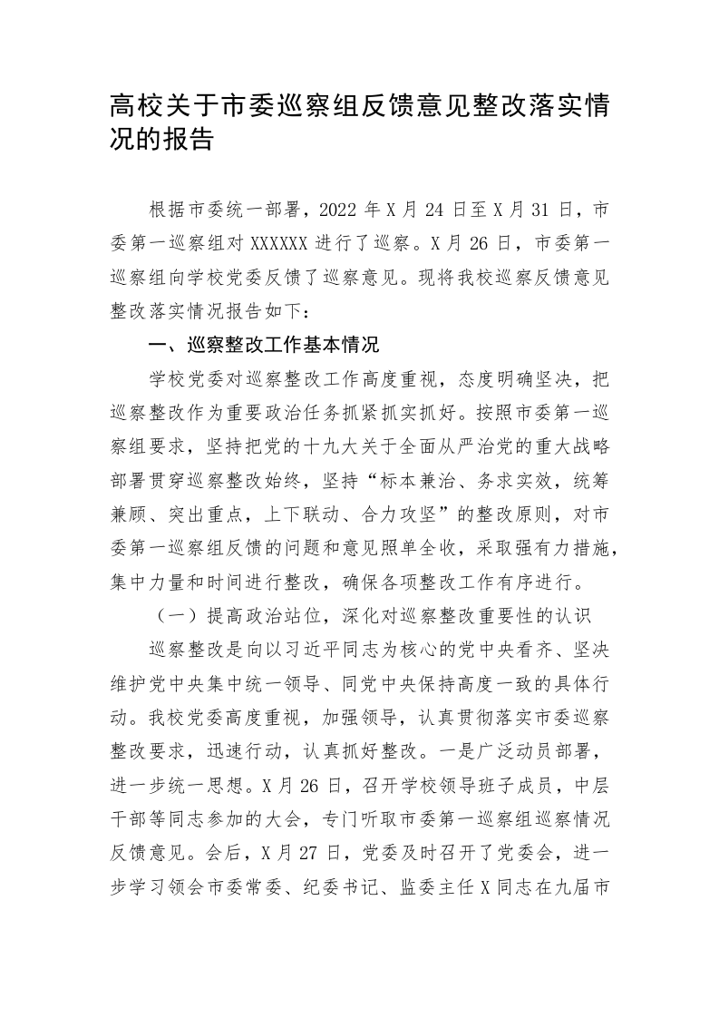 高校关于市委巡察组反馈意见整改落实情况的报告 第1页