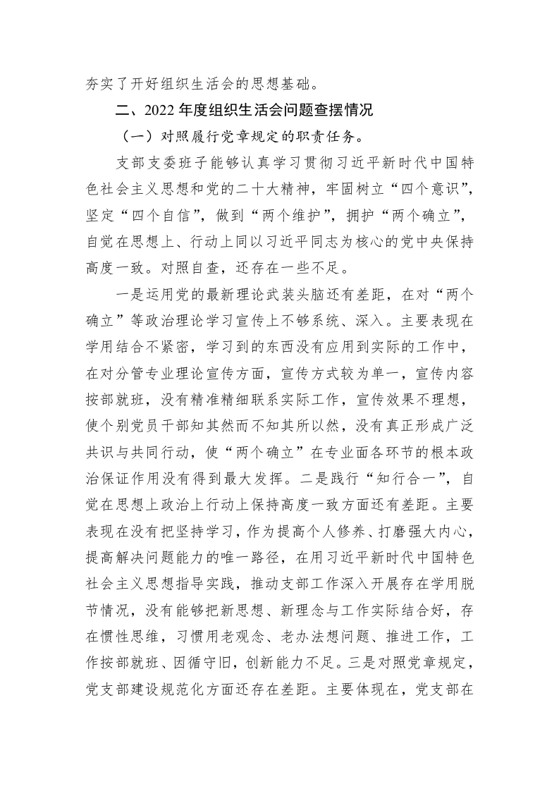 X公司党支部班子2022年度组织生活会对照检查材料 第2页