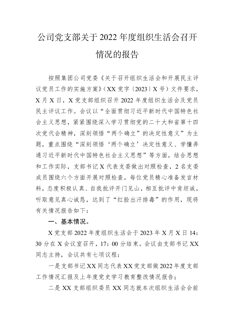 公司党支部关于2022年度组织生活会召开情况的报告 第1页