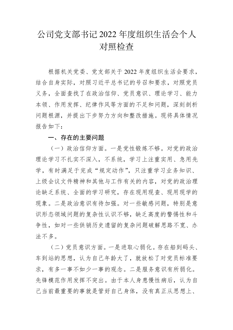 公司党支部书记2022年度组织生活会个人对照检查 第1页