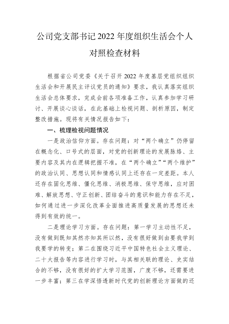 公司党支部书记2022年度组织生活会个人对照检查材料 第1页