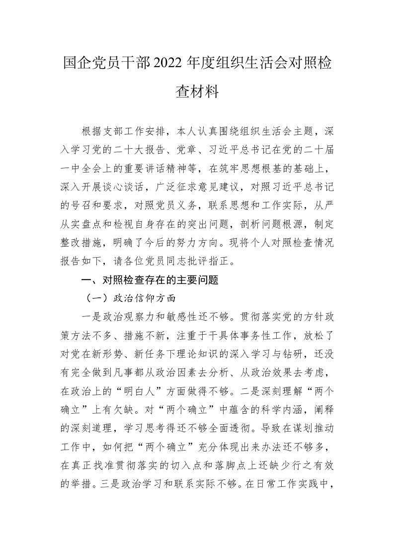 国企党员干部2022年度组织生活会对照检查材料 第1页