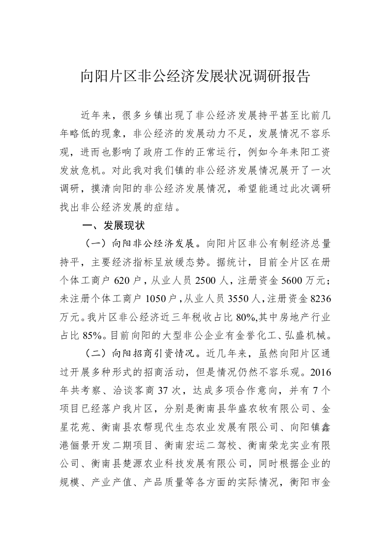 向阳片区非公经济发展状况调研报告 第1页