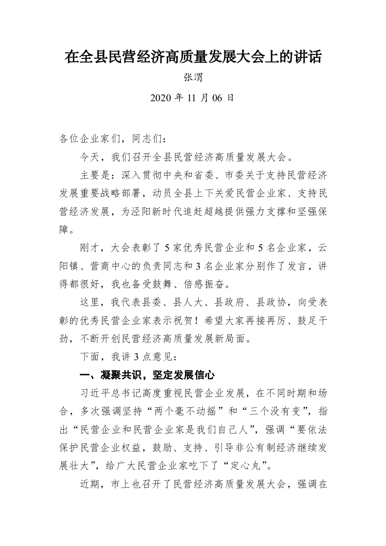 张渭：在全县民营经济高质量发展大会上的讲话 第1页