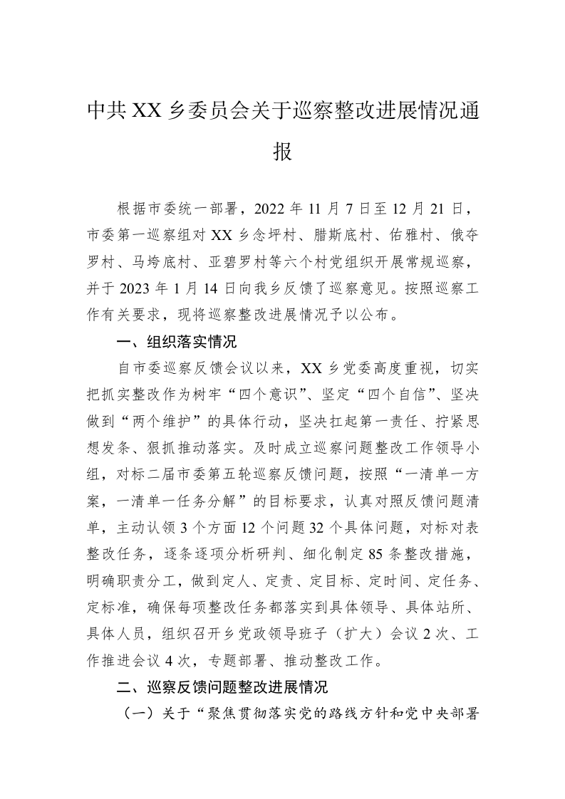 中共XX乡委员会关于巡察整改进展情况通报(20230411) 第1页