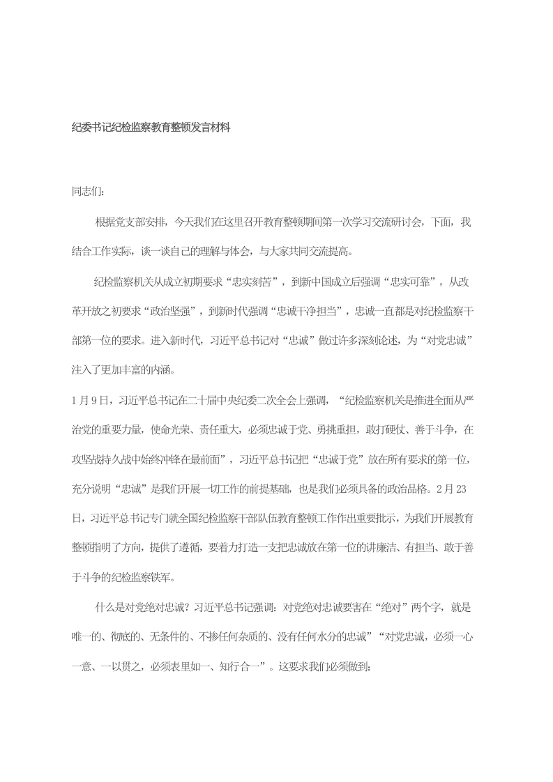 纪委书记纪检监察教育整顿发言材料 第1页
