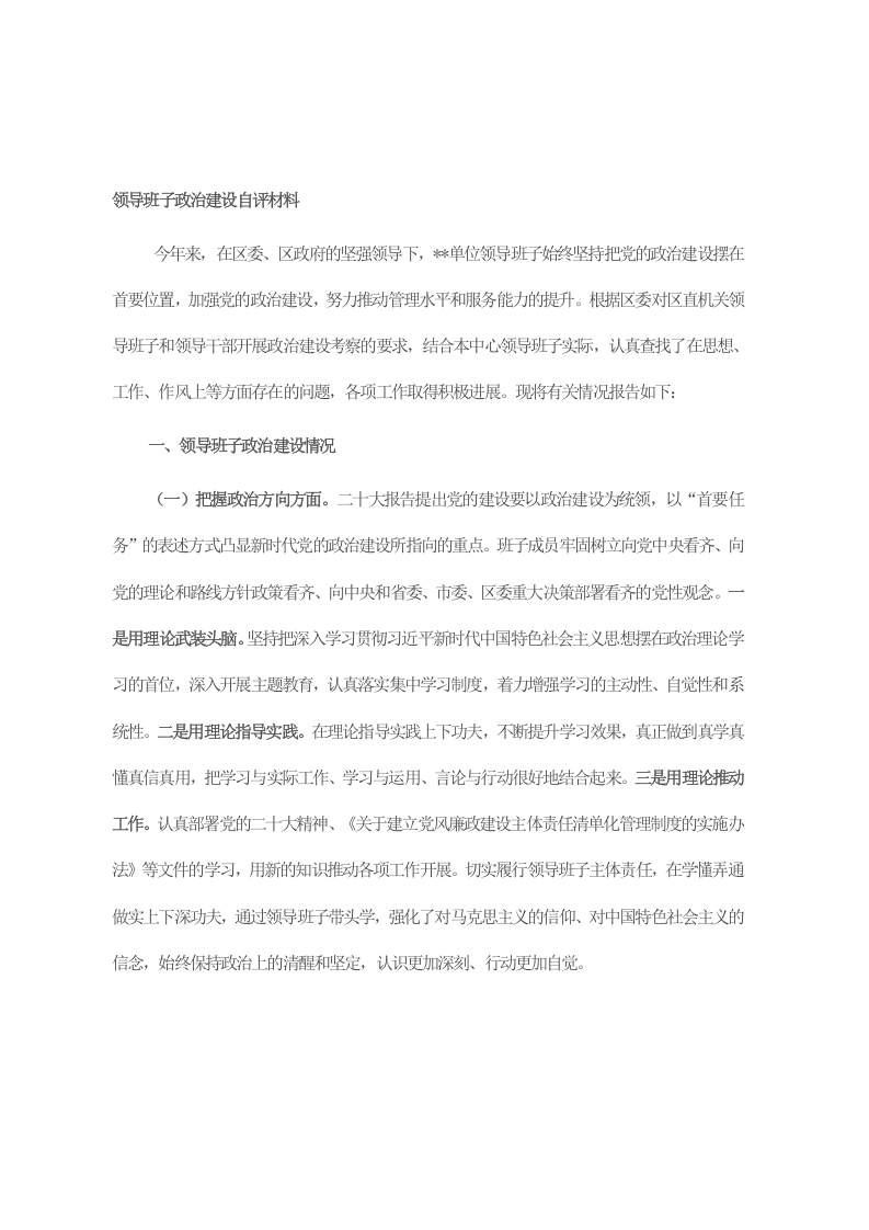领导班子政治建设自评材料 第1页