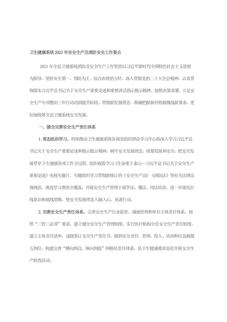 卫生健康系统2023年安全生产及消防安全工作要点 第1页