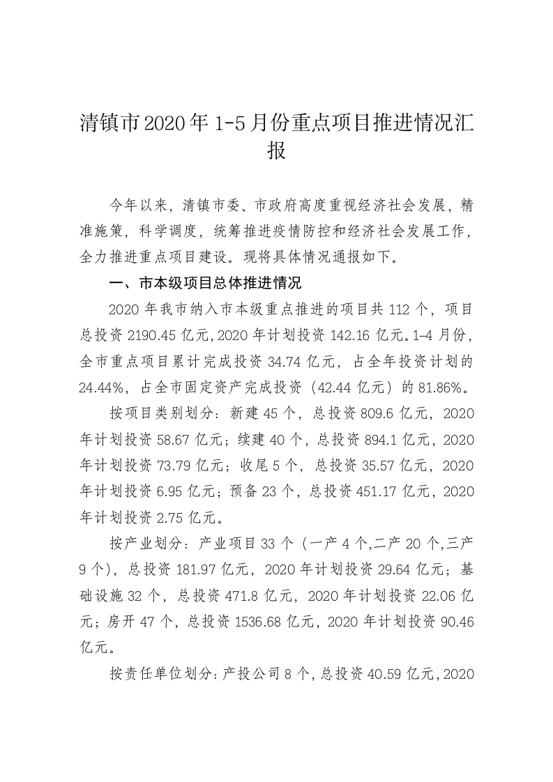 清镇市2020年1-5月份重点项目推进情况汇报 第1页