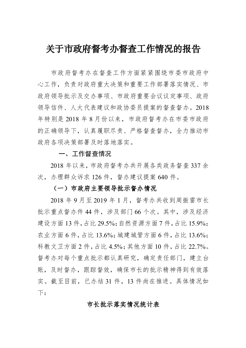 关于市政府督考办督查工作情况的报告 第1页