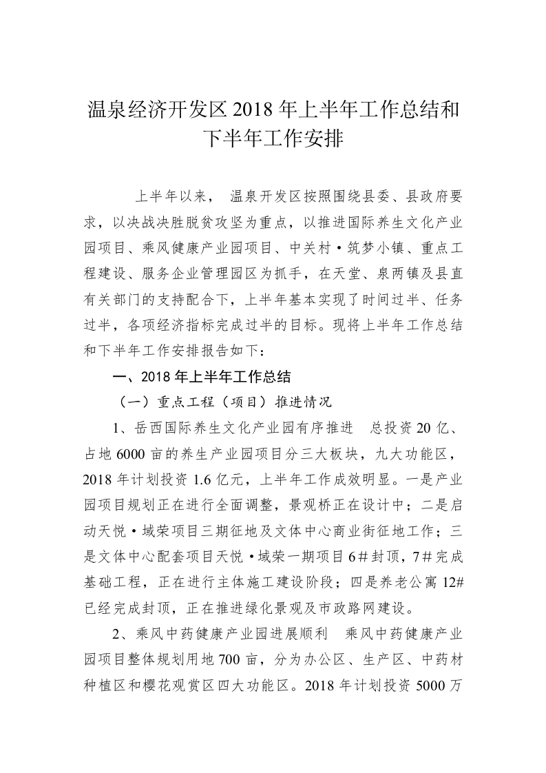 温泉经济开发区2018年上半年工作总结和下半年工作安排 第1页