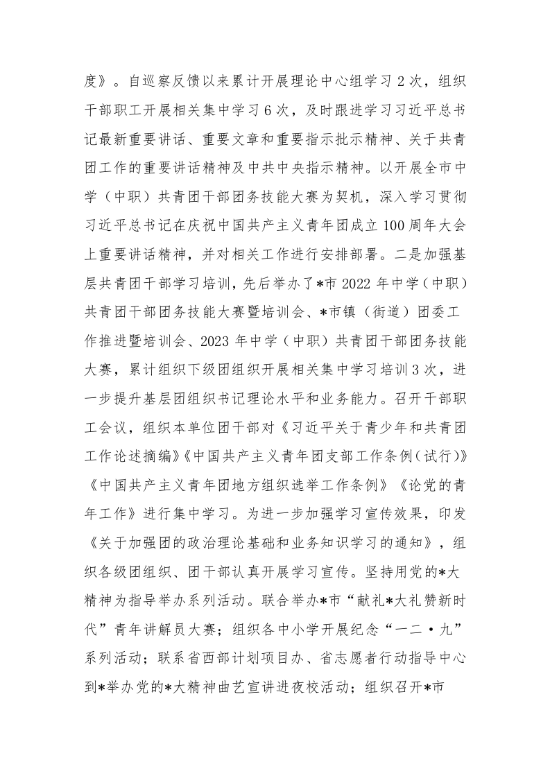 共青团市委员会关于巡察整改进展情况的报告范文 第2页