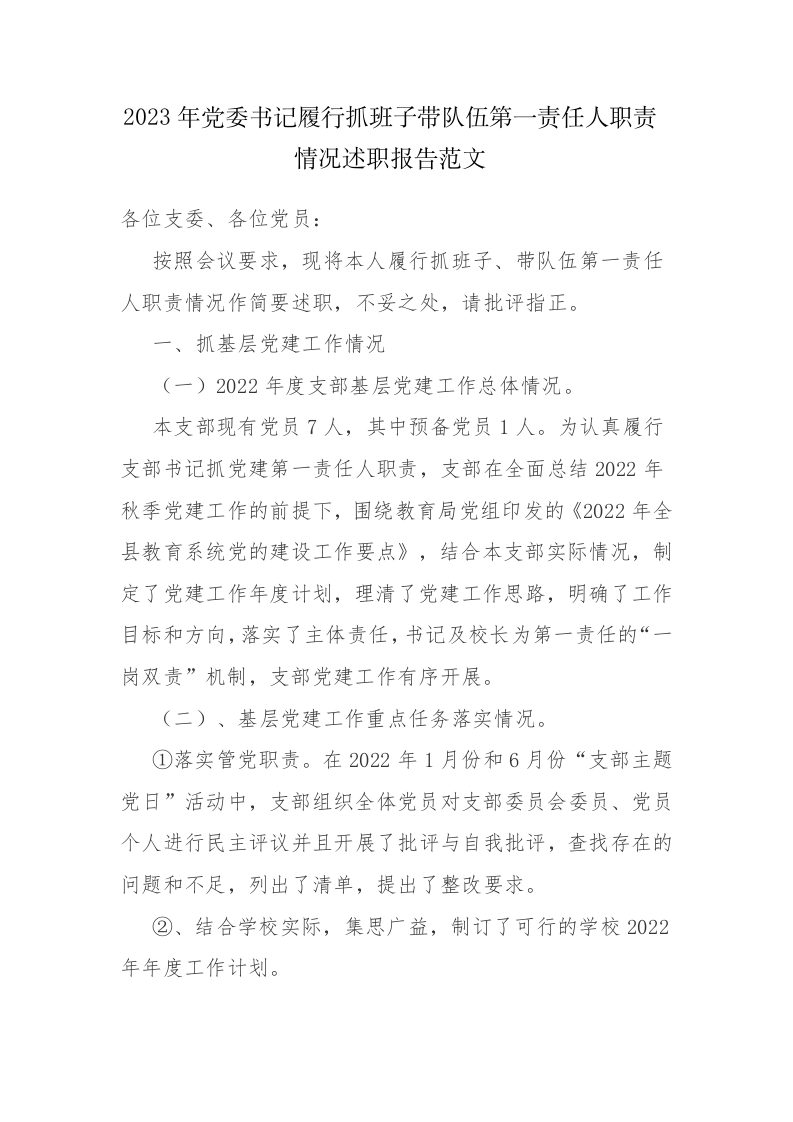 2023年党委书记履行抓班子带队伍第一责任人职责情况述职报告范文 第1页