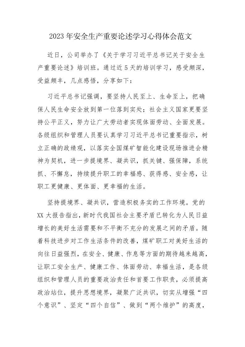 2023年安全生产重要论述学习心得体会范文 第1页