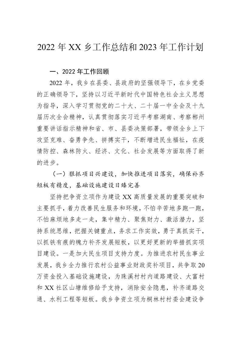 2022年XX乡工作总结和2023年工作计划 第1页