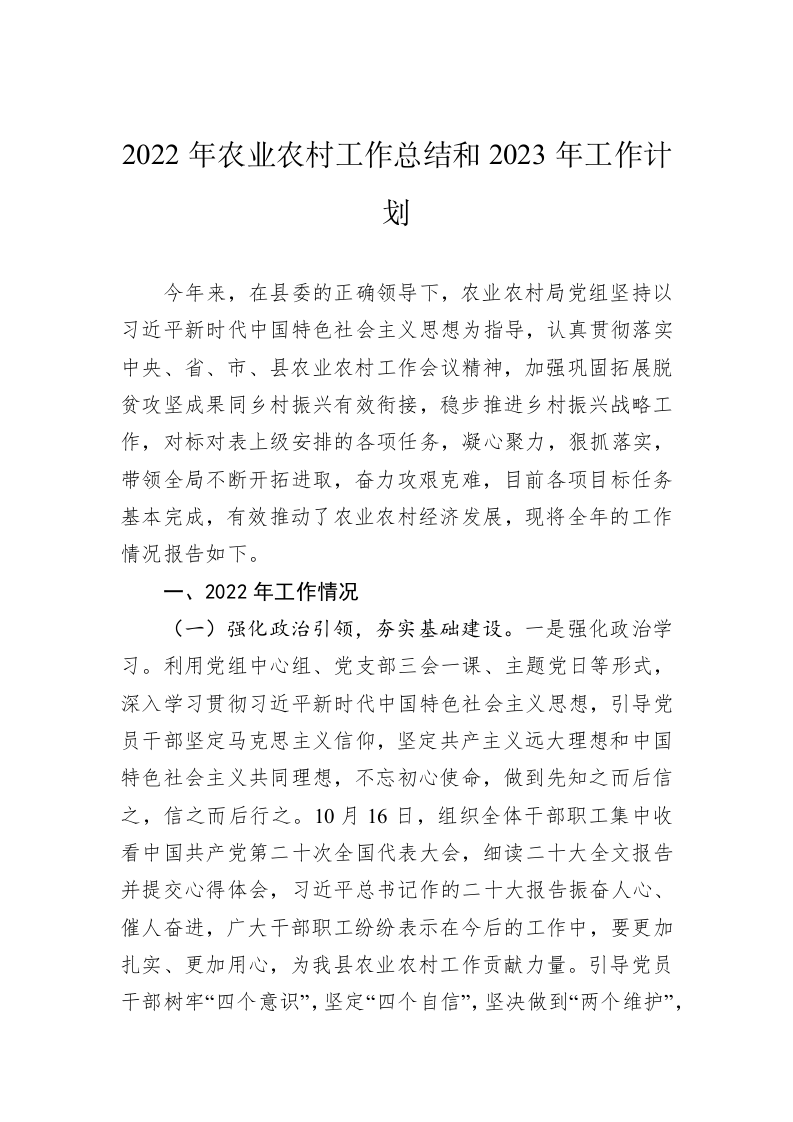 2022年农业农村工作总结和2023年工作计划 第1页