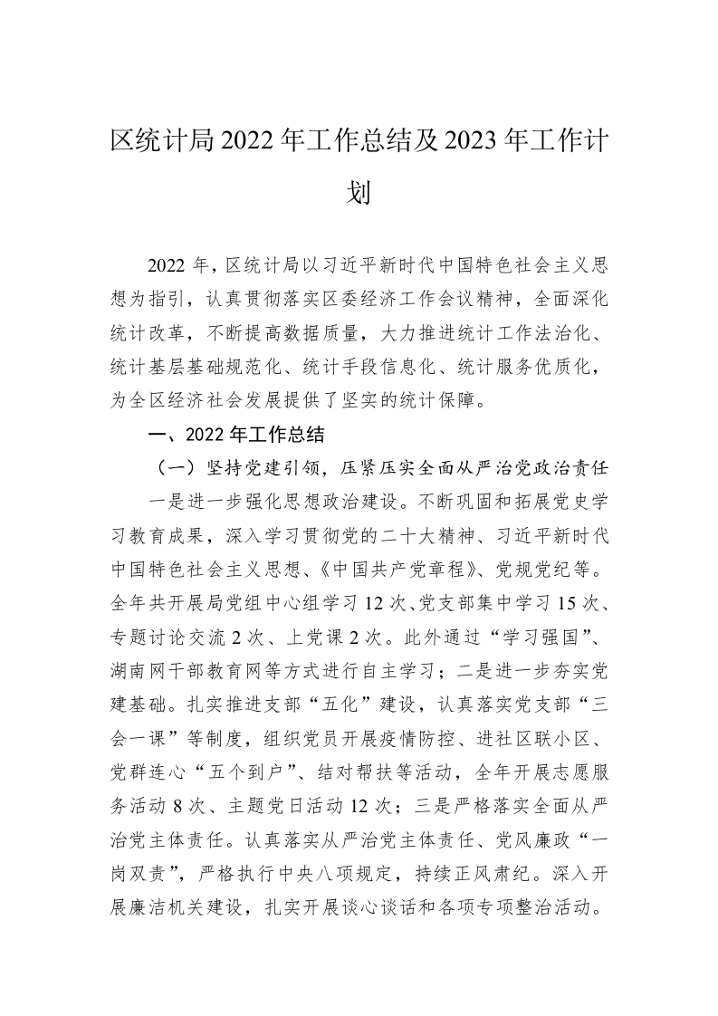 区统计局2022年工作总结及2023年工作计划 第1页