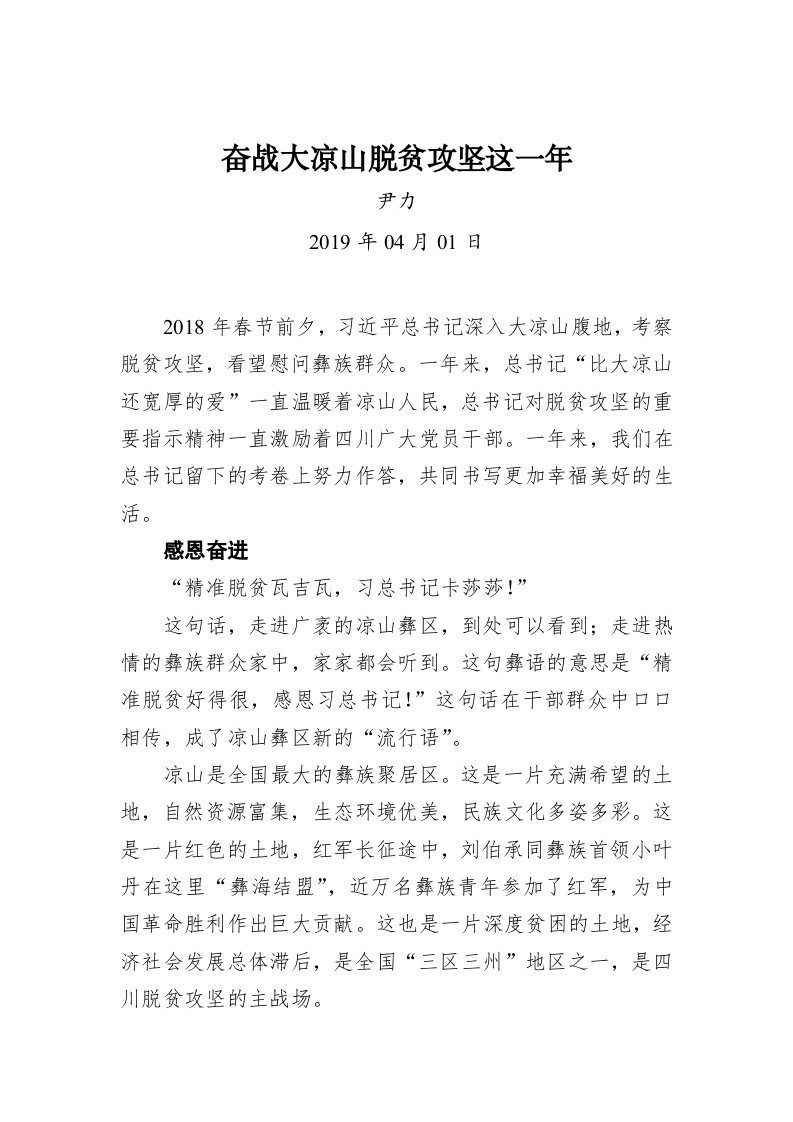 尹力：奋战大凉山脱贫攻坚这一年 第1页