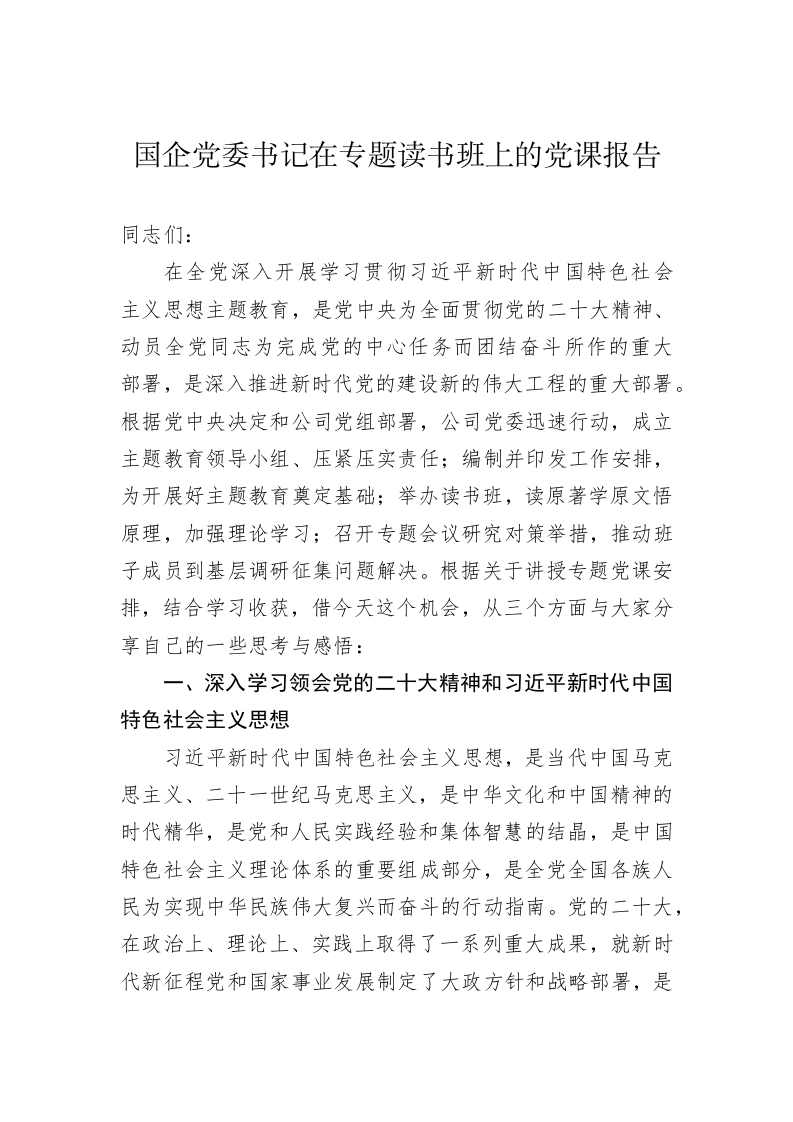 国企党委书记在专题读书班上的党课报告 第1页