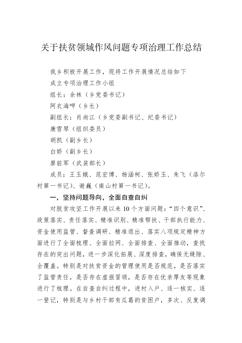 关于扶贫领域作风问题专项治理工作总结 第1页