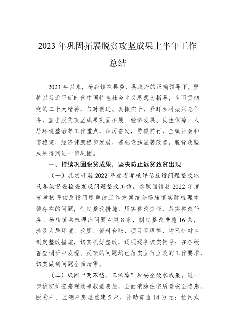 2023年巩固拓展脱贫攻坚成果上半年工作总结 第1页