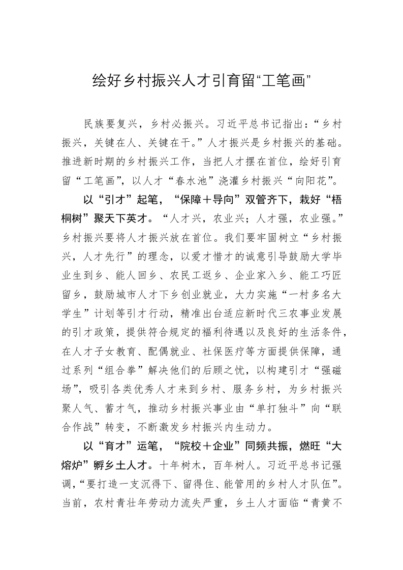 主题教育心得体会：绘好乡村振兴人才引育留“工笔画” 第1页