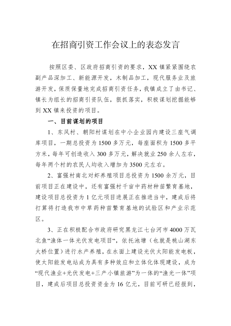在招商引资工作会议上的表态发言【乡镇】 (2) 第1页