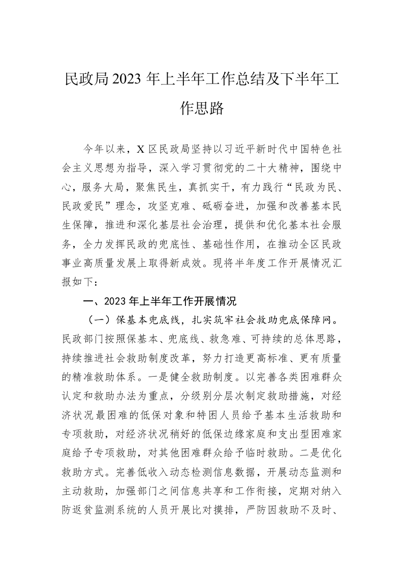 民政局2023年上半年工作总结及下半年工作思路 第1页