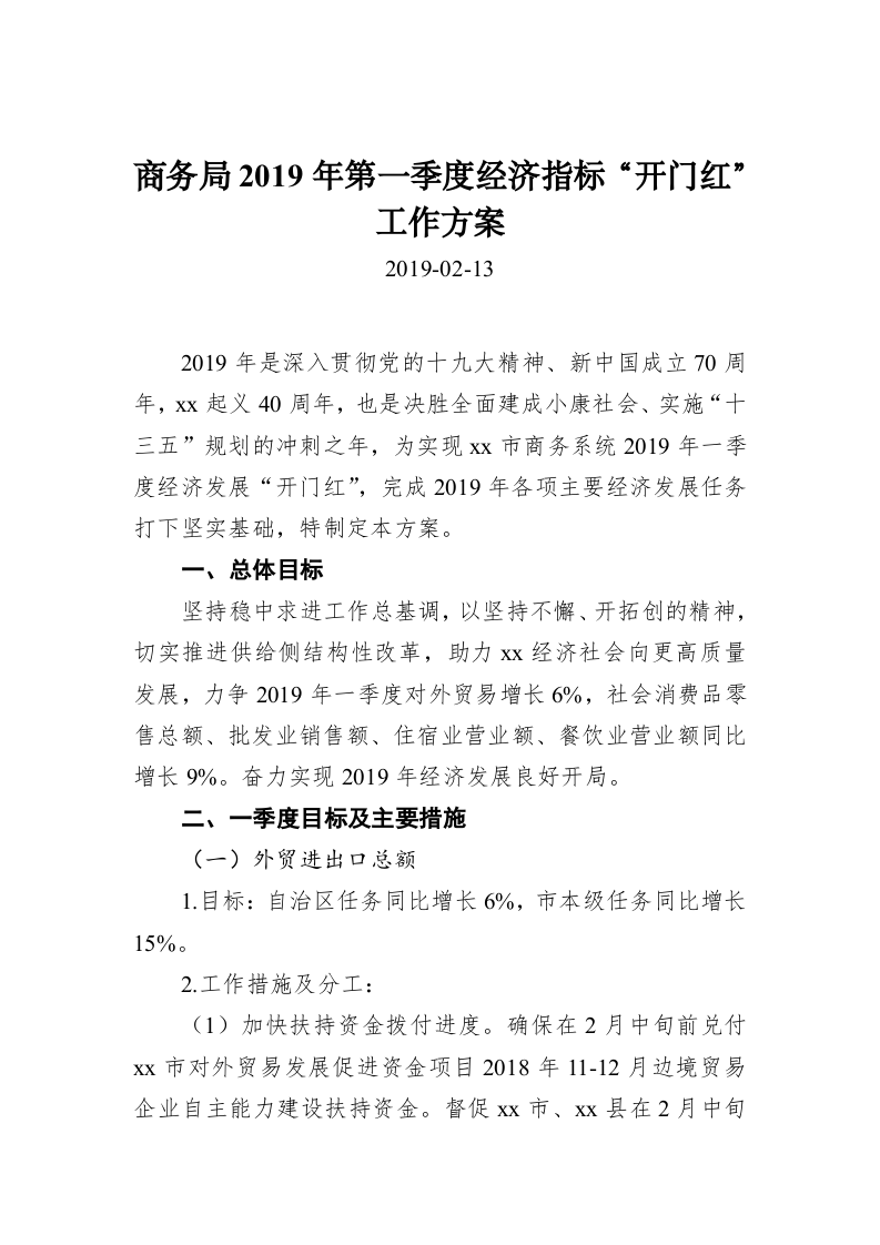 商务局2019年第一季度经济指标“开门红”工作方案 第1页