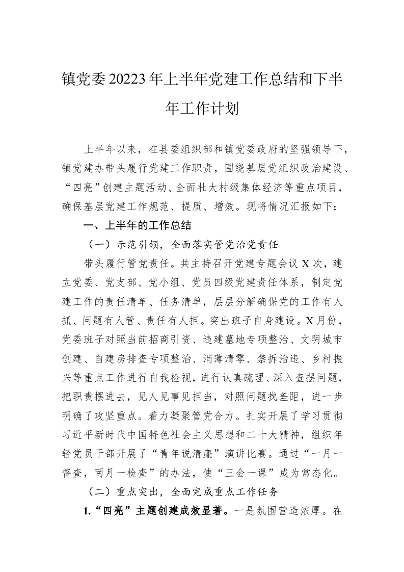 镇党委20223年上半年党建工作总结和下半年工作计划 第1页