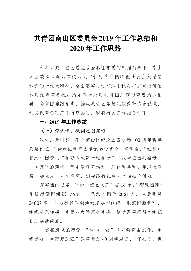 共青团南山区委员会2019年工作总结和2020年工作思路 第1页