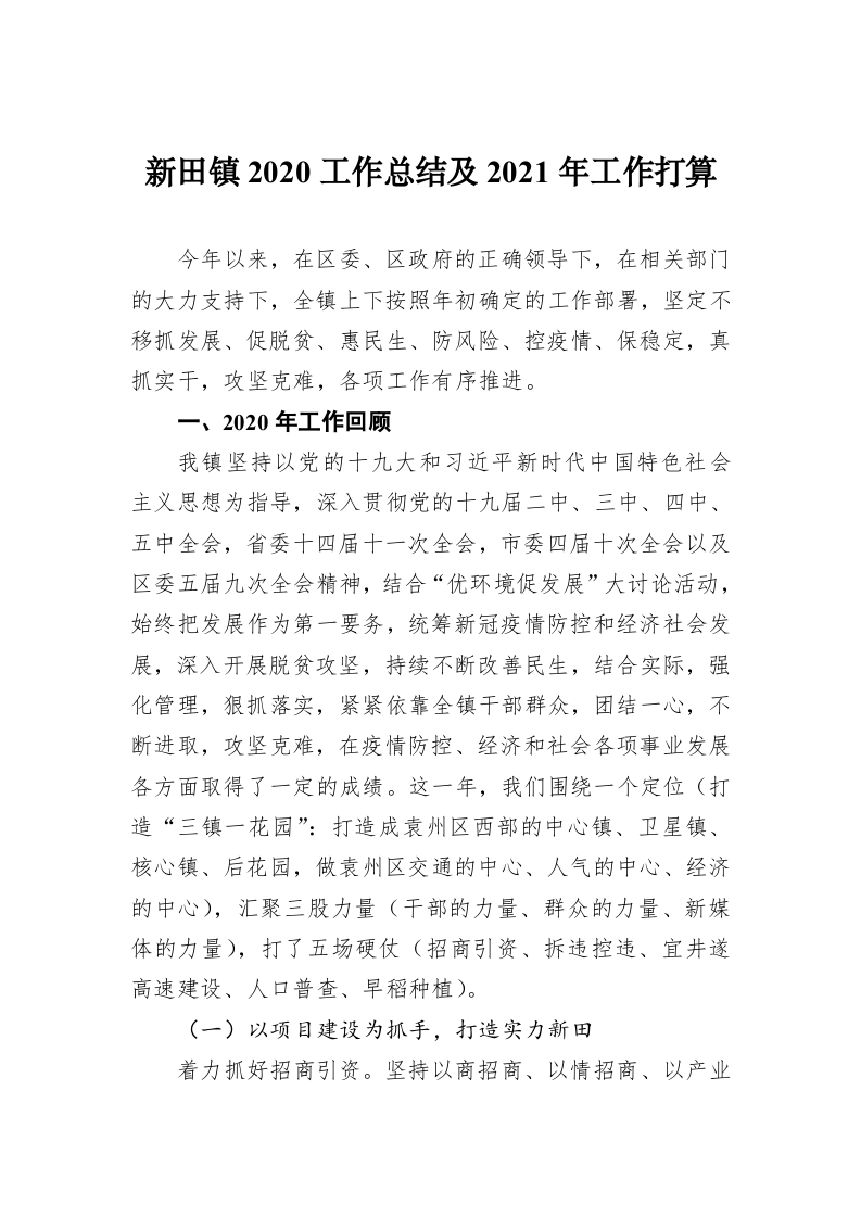 新田镇2020工作总结及2021年工作打算 第1页