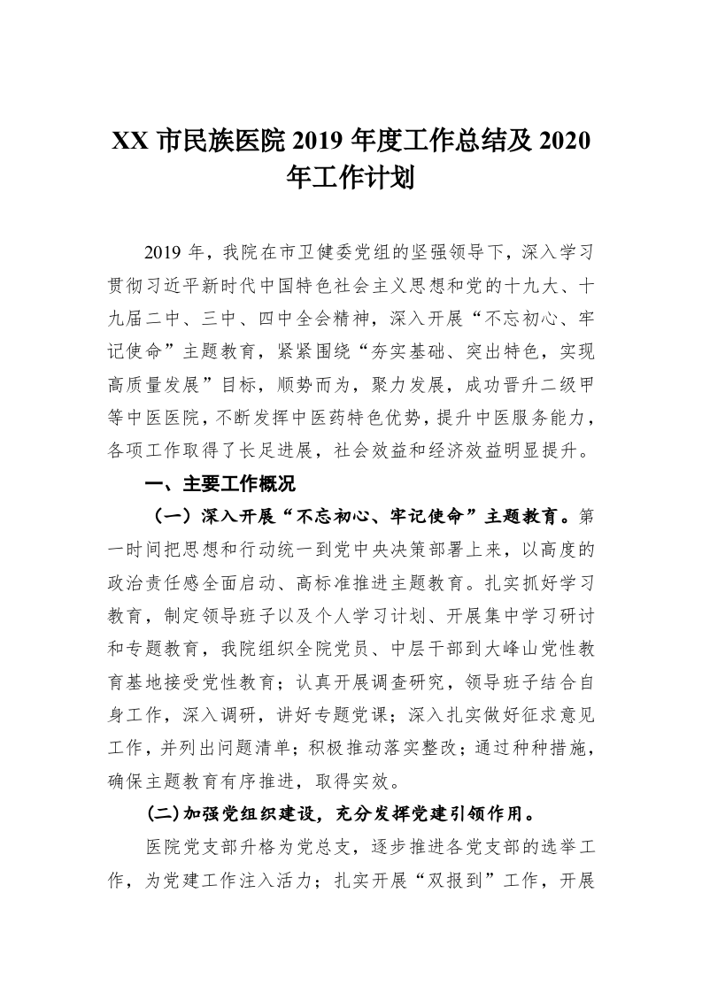 XX市民族医院2019年度工作总结及2020年工作计划 第1页
