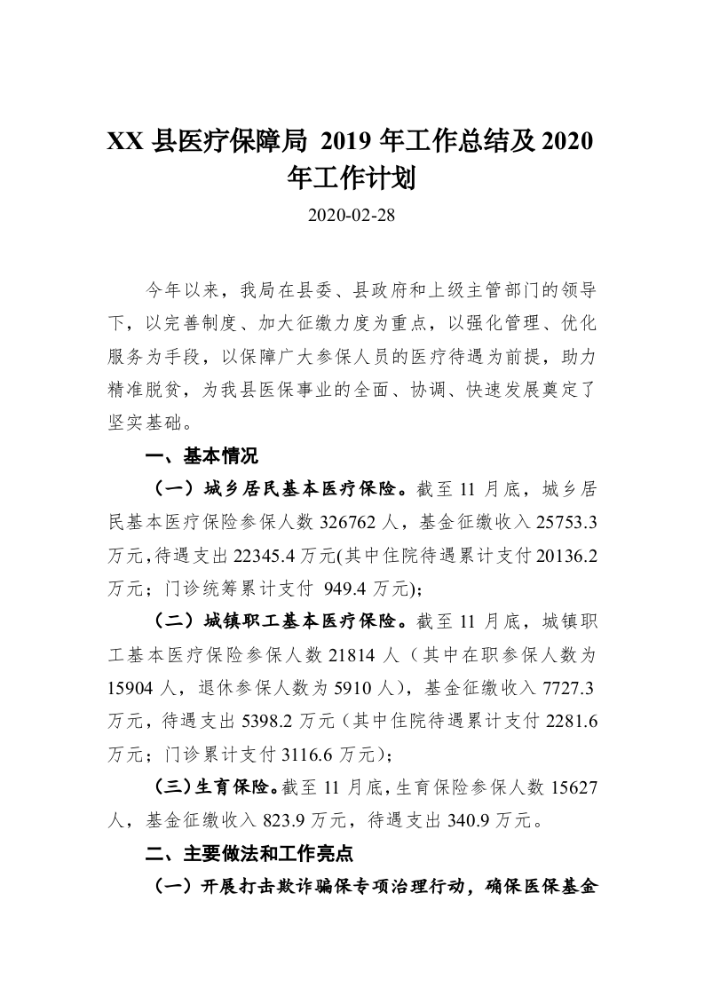 XX县医疗保障局 2019年工作总结及2020年工作计划 第1页