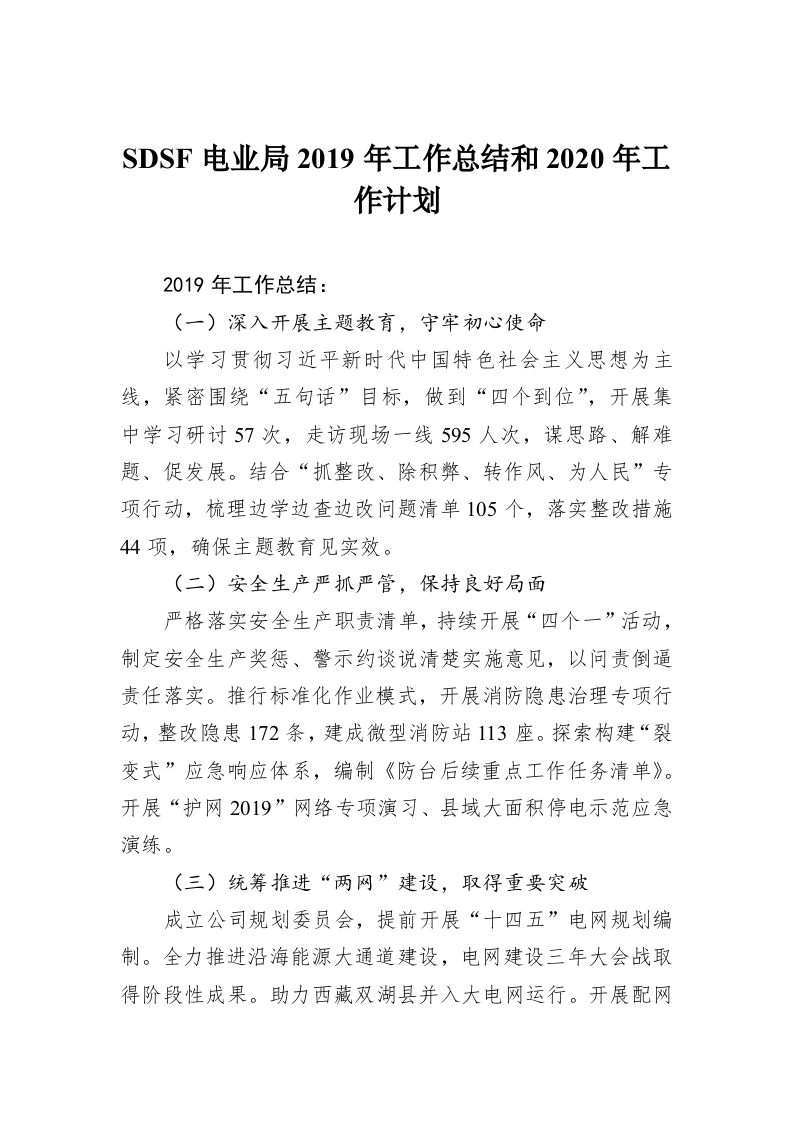 SDSF电业局2019年工作总结和2020年工作计划 第1页