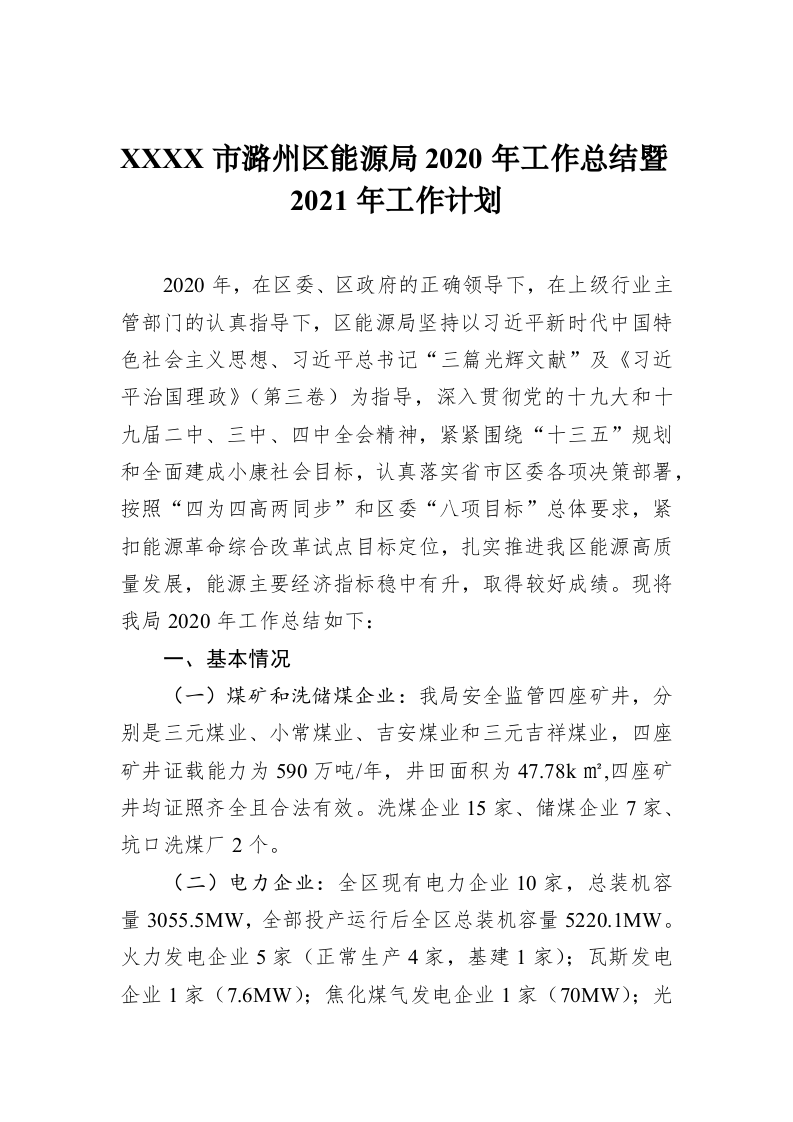 XXXX市潞州区能源局2020年工作总结暨2021年工作计划 第1页