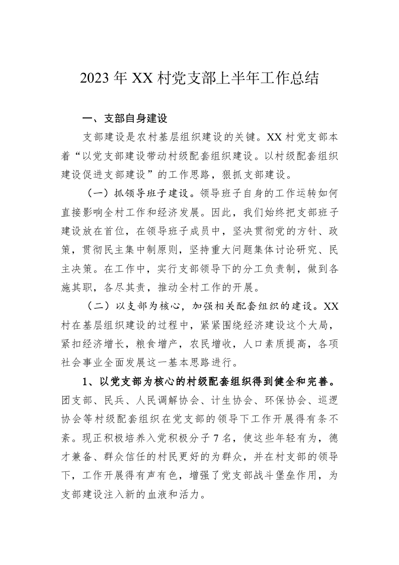 2023年XX村党支部上半年工作总结(20230628) 第1页