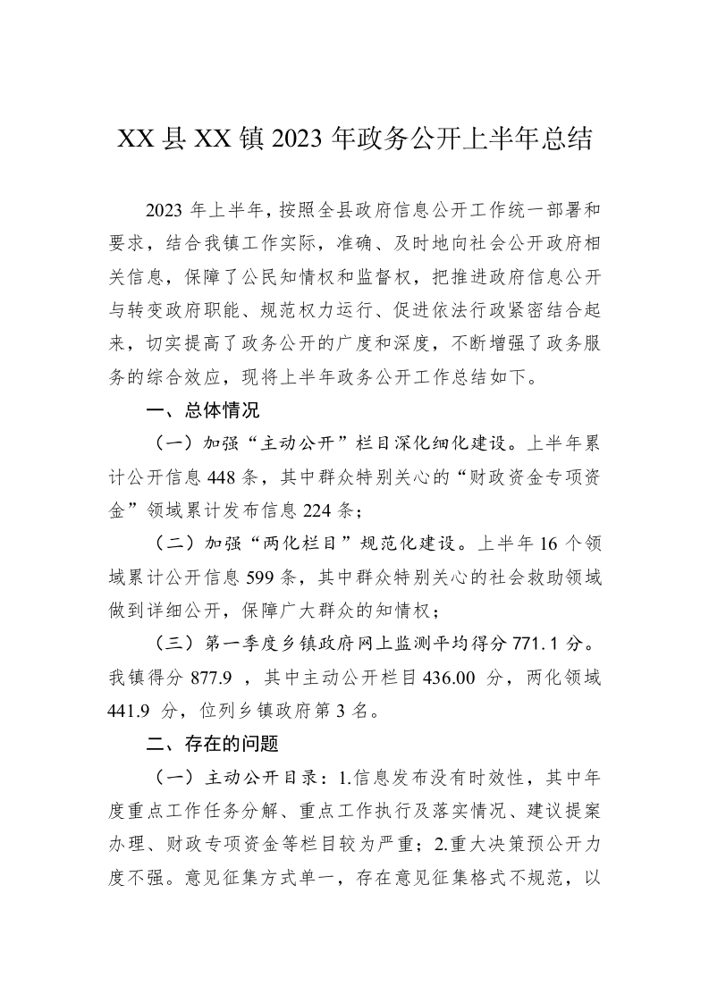 XX县XX镇2023年政务公开上半年总结（20230629） 第1页