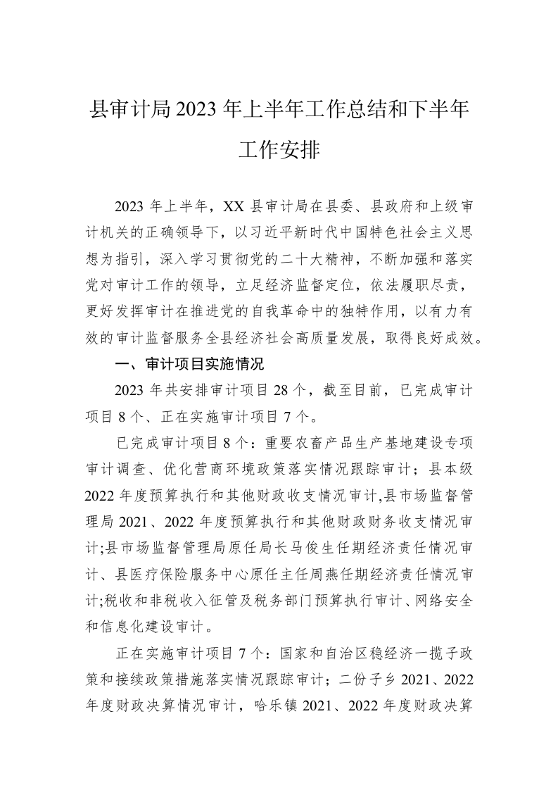 县审计局2023年上半年工作总结和下半年工作安排（20230629） 第1页