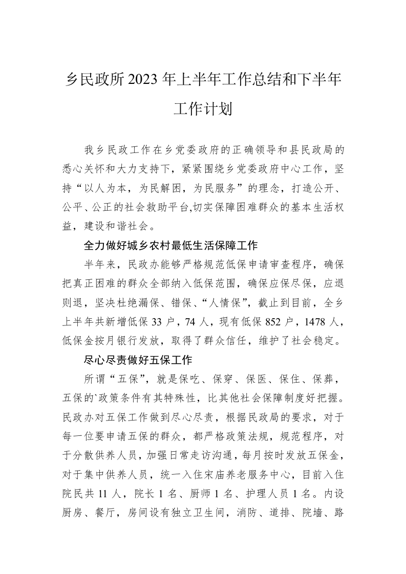 乡民政所2023年上半年工作总结和下半年工作计划（20230629） 第1页