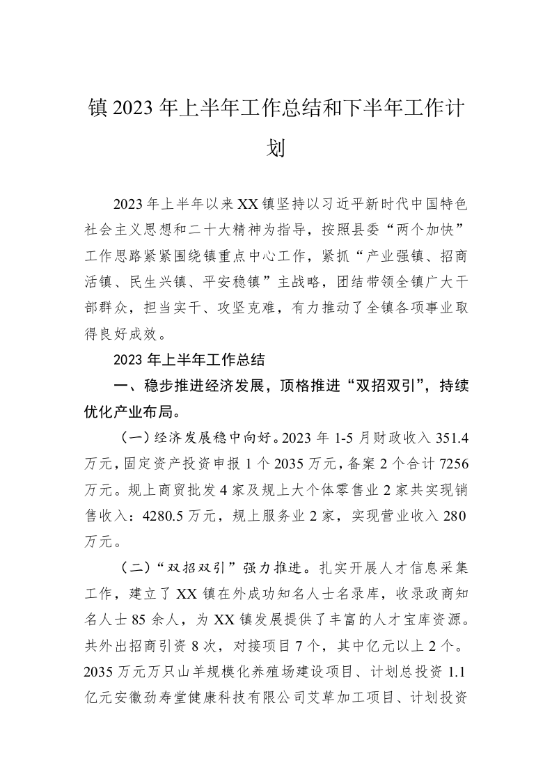 镇2023年上半年工作总结和下半年工作计划（20230629） 第1页