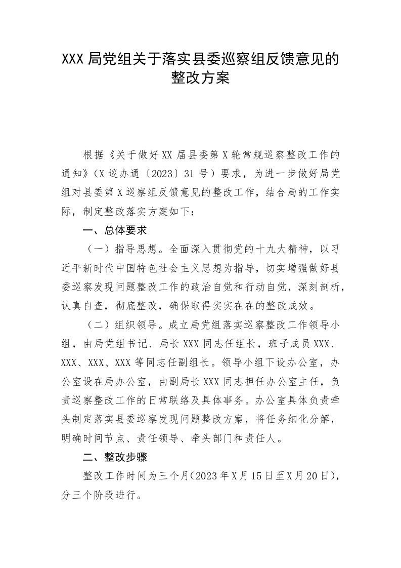 XXX局党组关于落实县委巡察组反馈意见的整改方案 第1页