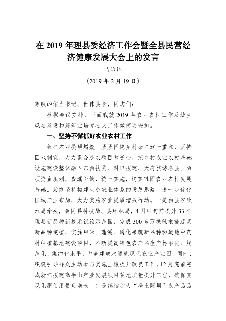 马治国：在2019年理县委经济工作会暨全县民营经济健康发展大会上的发言 第1页