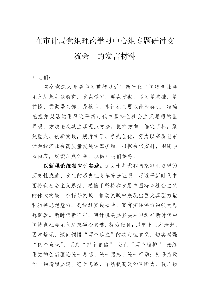 在审计局党组理论学习中心组专题研讨交流会上的发言材料 第1页